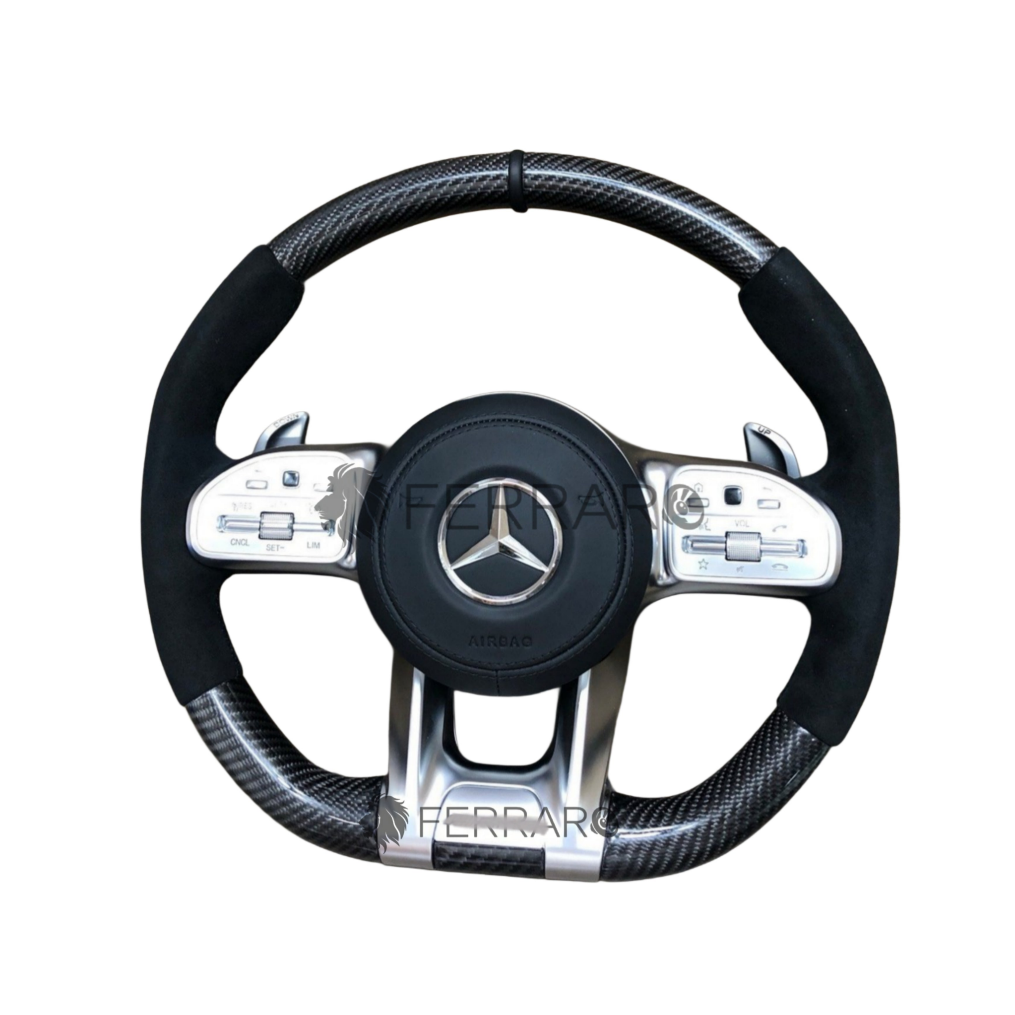 Volante per Mercedes, Carbonio Diagonale, Etichetta Pelle Nera, Filo Nero, Galvanica, AMG