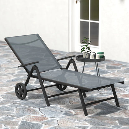 Outsunny Lettino Sdraio Pieghevole e Reclinabile in 5 Posizioni con Rotelle, in Metallo e Textilene, 72x158x84 cm, Grigio