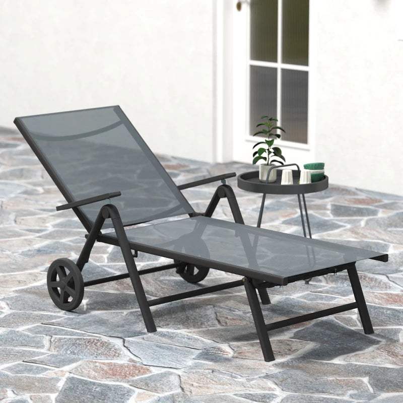 Outsunny Lettino Sdraio Pieghevole e Reclinabile in 5 Posizioni con Rotelle, in Metallo e Textilene, 72x158x84 cm, Grigio