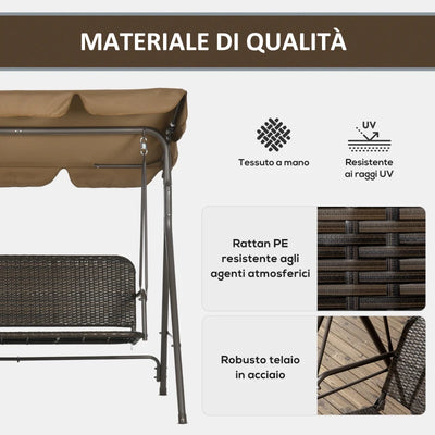 Outsunny Dondolo da Giardino 3 Posti con Tettuccio Regolabile in Rattan PE e Acciaio, 167x112x153cm