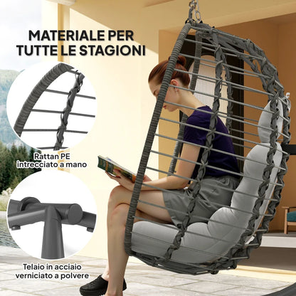 Outsunny Sedia Sospesa in Rattan a Uovo con Cuscino e Poggiatesta, Altezza Regolabile e Seduta Richiudibile, Grigio