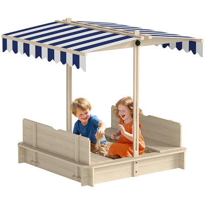 Outsunny Sabbiera per Bambini in Legno con Tettuccio Parasole, Panca e Coperchio, 106x106x115 cm Bianco e Blu