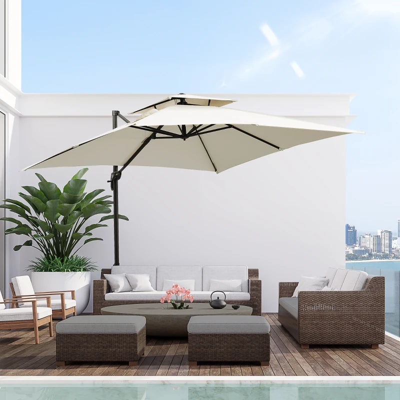 Outsunny Ombrellone a Sbalzo a Doppia Copertura con Manovella, Base a Croce e Pesi, 268x268x265 cm, Beige