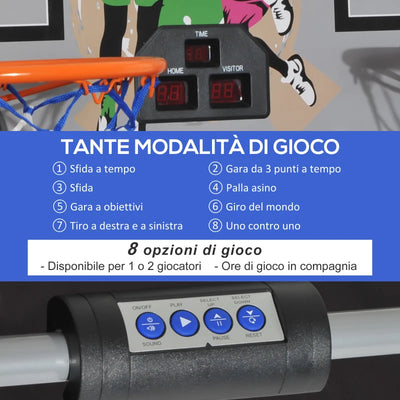 HOMCOM Canestri Basket con Tabellone LED, 4 Palloni e 8 Modalità di Gioco, 205x110x205 cm, Bianco e Nero