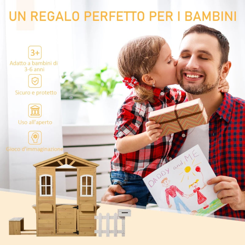 Outsunny Casetta per Bambini in Legno con Finestre, Staccionata e Panca, 205x119x140 cm, Legno Naturale