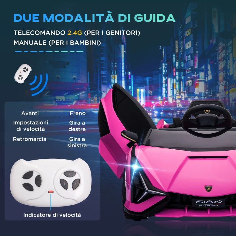 HOMCOM Macchina Elettrica per Bambini 3-5 Anni Lamborghini 12V con Telecomando e Velocità 3-5km/h, Rosa