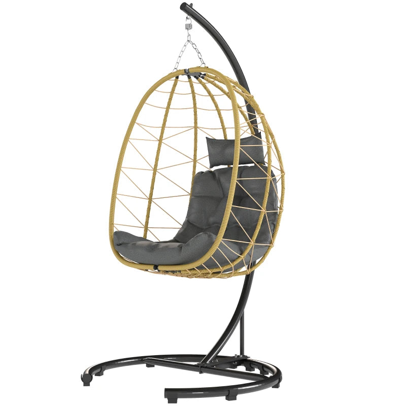 Outsunny Poltrona Sospesa e Pieghevole con Cuscini, in Acciaio e Rattan PE, 102x102x195 cm, Nera Grigia e Beige