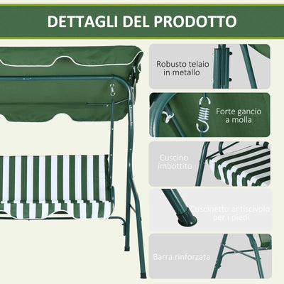 Outsunny Dondolo 3 Posti con Tettuccio Regolabile e Cuscini, in Acciaio e Poliestere, 170x110x153 cm, Verde e Bianco