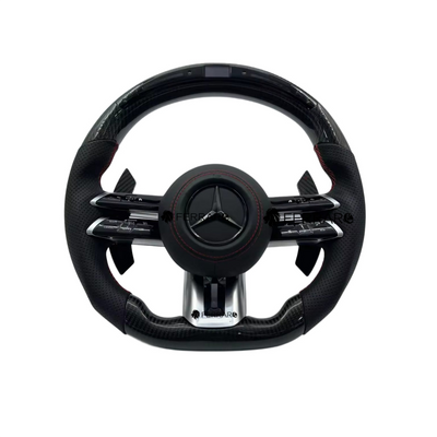 (PRENOTA) Volante per Mercedes, Carbonio Diagonale, LED, Etichetta Rossa, Punzonatura Nera, Galvanica, Coda di Rondine AMG