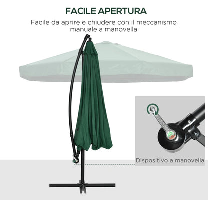 Outsunny Ombrellone da Giardino 3x3 m con Zanzariera, Apertura a Manovella e Base a Croce, Verde