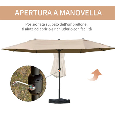 Outsunny Ombrellone da Giardino Doppio 460x270cm, Ombrellone da Esterno con Apertura a Manovella, Base a Croce e Zavorra, Acciaio e Poliestere Khaki