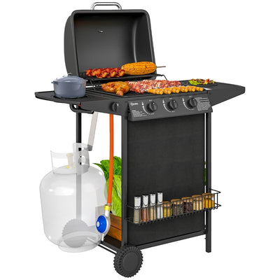 Outsunny Barbecue a Gas con 4 Bruciatori Indipendenti e Coperchio con Termometro, 108x54x97 cm, Nero