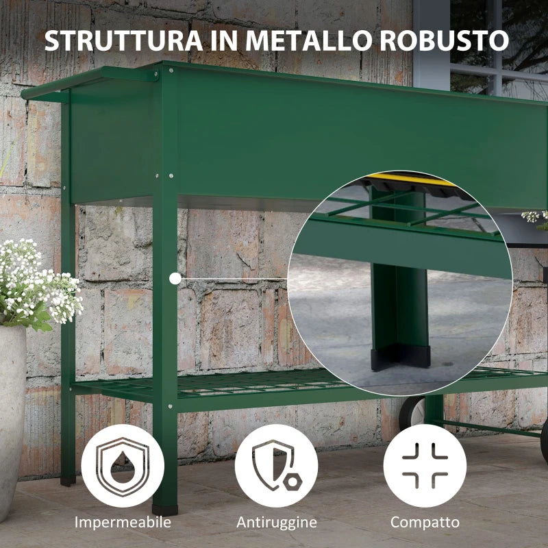 Outsunny Fioriera da Esterno con Mensola Inferiore Portautensili, in Metallo, 109x44x80 cm, Verde