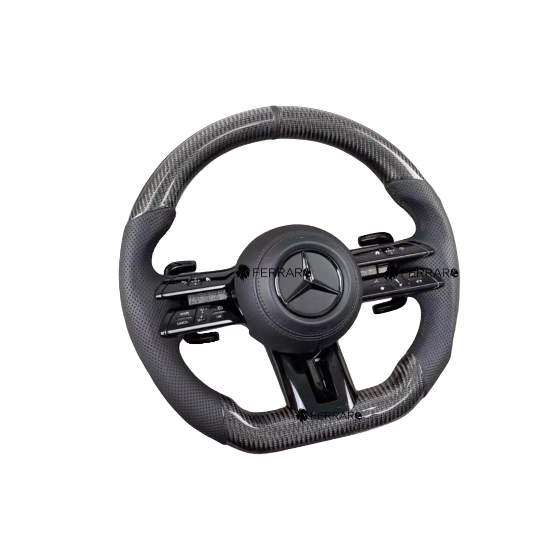 Volante per Mercedes, Carbonio Nero, Logo Nero, Perforata, Linea Nera, AMG