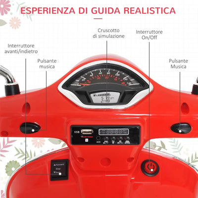 HOMCOM Moto Elettrica per Bambini Design Vespa, Batteria 6V con Suoni e Luci, Età 3-6 Anni, Rosso