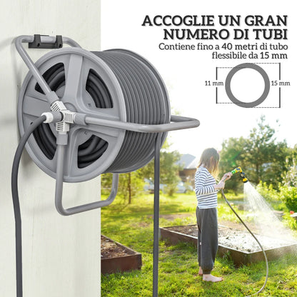 Outsunny Avvolgitubo da Giardino a Parete e Autoportante per 40m di Tubo con Manovella, Grigio