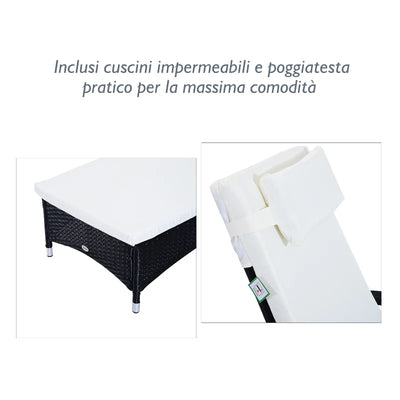 Outsunny Set da Giardino con 2 Sedie a Sdraio con Schienale Reclinabile e Tavolino Basso in Rattan PE, Nero