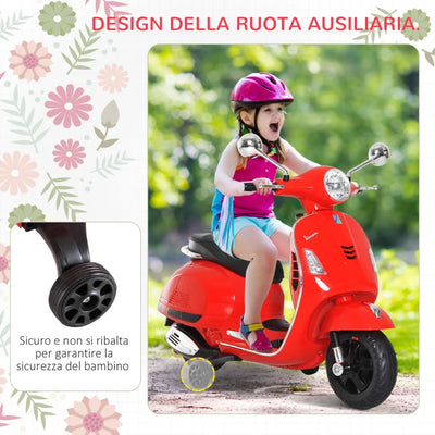 HOMCOM Moto Elettrica per Bambini Design Vespa, Batteria 6V con Suoni e Luci, Età 3-6 Anni, Rosso