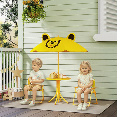 AIYAPLAY Set da Giardino per Bambini 2-5 Anni con Tavolino Rotondo, 2 Sedie Pieghevoli e un Ombrellone, Giallo