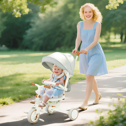 AIYAPLAY Triciclo per Bambini 5 in 1 con Maniglione di Spinta e Copertura Rimovibile, 96.5x49x101 cm, Bianco Crema