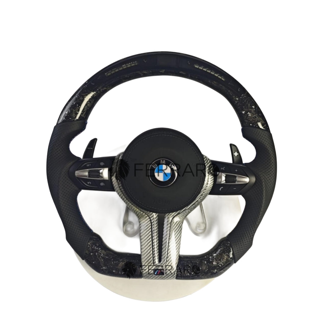Volante per BMW, Carbonio Forgiatura, Pelle Nera, Punzonatura, Cornice pulsante in Carbonio, LED