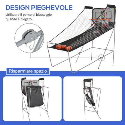 HOMCOM Canestri Basket con Tabellone LED, 4 Palloni e 8 Modalità di Gioco, 205x110x205 cm, Bianco e Nero