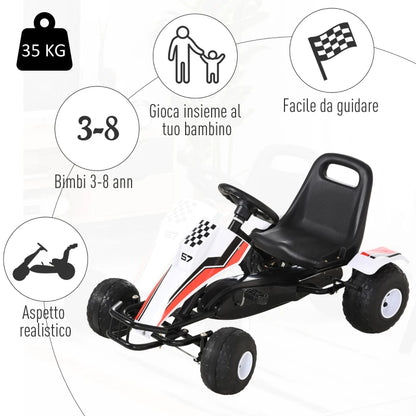 HOMCOM Go-Kart a Pedali Bianco per Bambini 3-6 Anni con Sedile Regolabile, Ruote in Plastica, Freno a Mano e Cambio