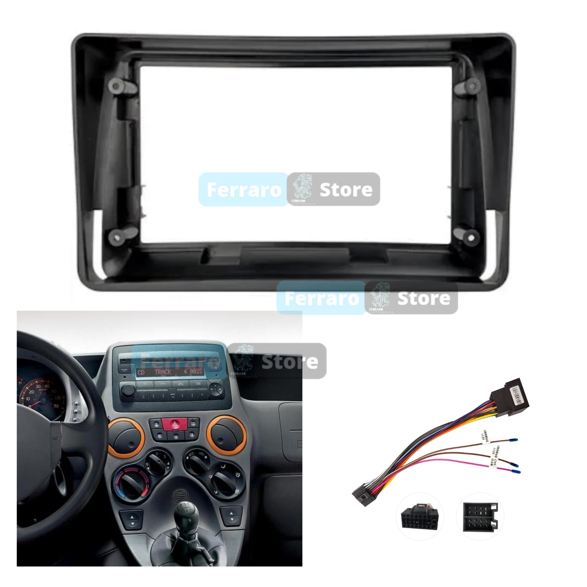 Kit Montaggio Autoradio 9"Pollici Fiat Panda 169 (2003-2013), 2ª Serie, Mascherina, Cablaggio, Autoradio Android
