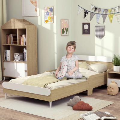 AIYAPLAY Letto per Bambini 3-10 Anni Basso con Sponde Laterali Alte, in Legno, 194.8x103x60.5 cm, Bianco e color Legno