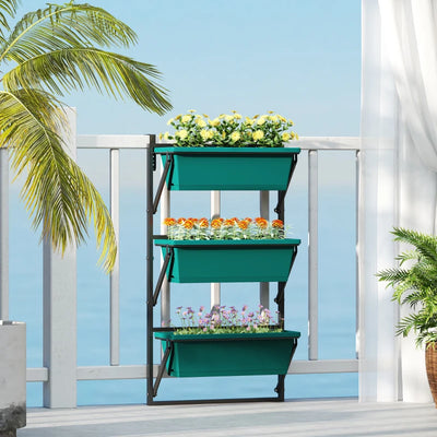 Outsunny Fioriera da Esterno Verticale e 3 Vasi per Piante in Plastica con Fori di Drenaggio, 56x42x100 cm, Verde