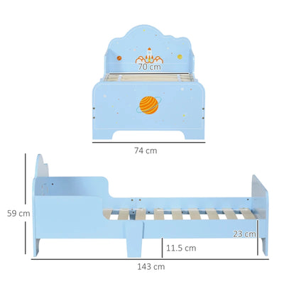 ZONEKIZ Letto per Bambini con Sponde e Fantasia Spaziale, Età 3-6 Anni, 143x74x59cm, Azzurro