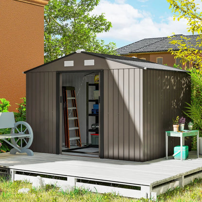 Outsunny Casetta da Giardino con 4 Prese d'Aria e 2 Porte Scorrevoli in Acciaio, 277x195x192 cm, Marrone