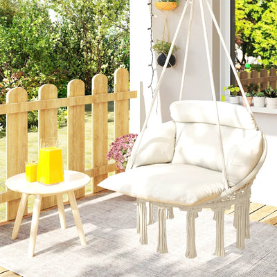 Outsunny Poltrona Sospesa in Stile Boho con Cuscino, in Acciaio, Cotone e Poliestere, 80x60x40 cm, Bianco Crema