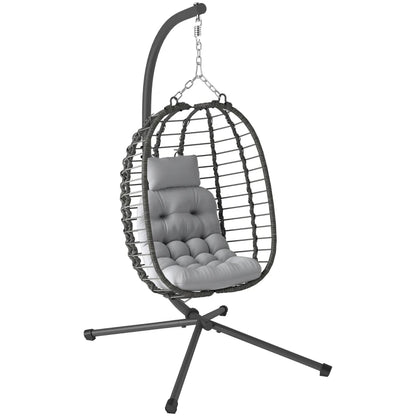 Outsunny Sedia Sospesa in Rattan a Uovo con Cuscino e Poggiatesta, Altezza Regolabile e Seduta Richiudibile, Grigio