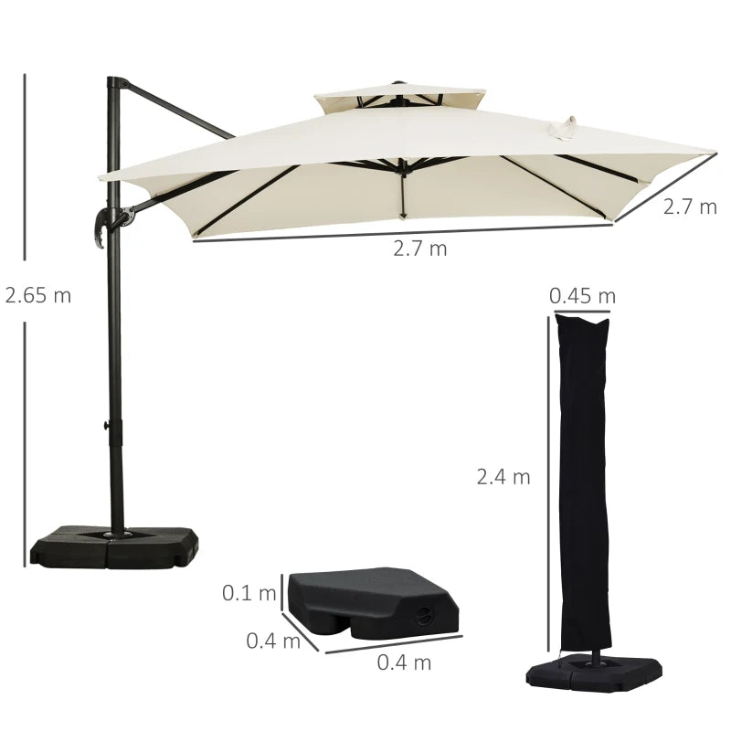 Outsunny Ombrellone a Sbalzo a Doppia Copertura con Manovella, Base a Croce e Pesi, 268x268x265 cm, Beige