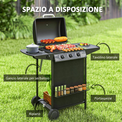 Outsunny Barbecue a Gas con 4 Bruciatori Indipendenti e Coperchio con Termometro, 108x54x97 cm, Nero
