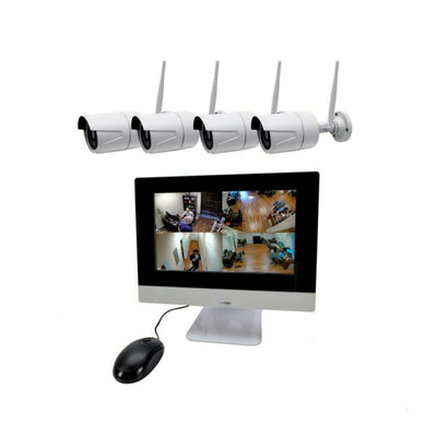 Video Surveillance Kit x4 Cameras + Monitor - 10"Inch, Camera Set, DVR, 4 Channels, HD, Mouse, Complete Kit