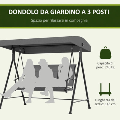 Outsunny Dondolo da Giardino 3 Posti con Tettuccio Parasole Regolabile, 195x118x170 cm, Grigio Scuro