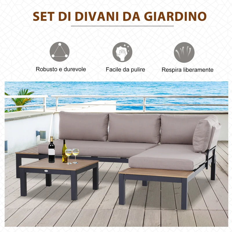 Outsunny Set da Giardino 3 Pezzi, 2 Divani a 2 Posti e 1 Tavolino da Caffè, in Alluminio, Grigio