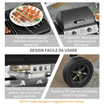 Outsunny Barbecue a Gas con Coperchio, Bruciatori da 5.6kW, BBQ e Ruote, 104x49x99cm