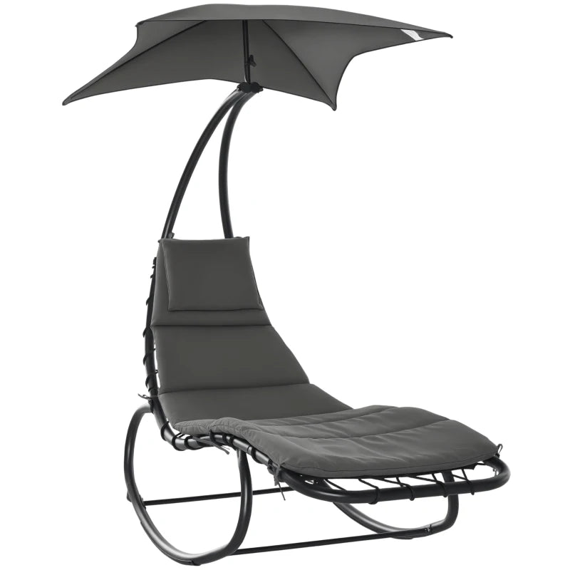 Outsunny Lettino a Dondolo da Giardino, Sdraio Prendisole, Sedia a Dondolo per Esterno con Seduta Imbottita e Tettuccio Grigio 185x114x190cm