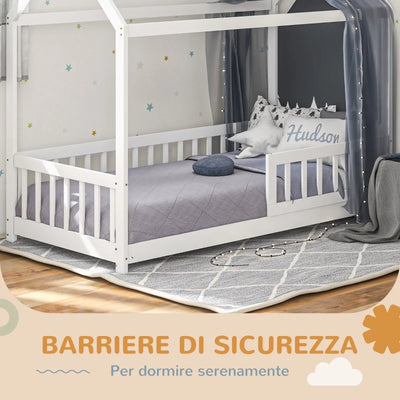 HOMCOM Struttura Letto per Bambini a Forma di Casetta con Doghe e Recinzione, in Legno di Pino, 96x195x165 cm, Bianco
