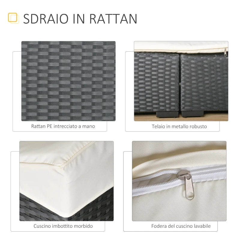 Outsunny Lettino Sdraio Prendisole Pieghevole in Rattan Sintetico con Poggiatesta Rimovibile per Giardino, Terrazzo ed Esterni, 198x68x50cm