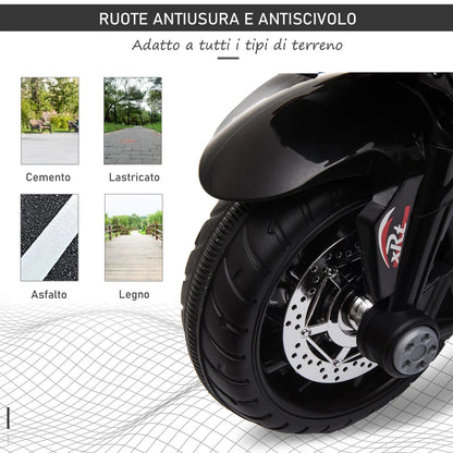 HOMCOM Moto Elettrica per Bambini 3-5 Anni Max. 25kg con Luci, Musica, Batteria 6V e Velocità 3km/h, 86cmx42cmx52cm Nera