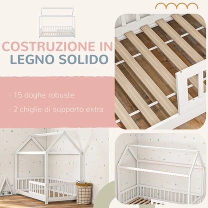 HOMCOM Struttura Letto per Bambini a Forma di Casetta con Doghe e Recinzione, in Legno di Pino, 96x195x165 cm, Bianco