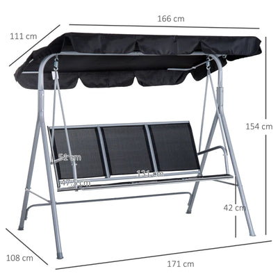 Outsunny Dondolo da Giardino a 3 Posti in Metallo, Tetto Parasole Rimovibile e Lavabile, Nero e Argento, 171x108x154cm