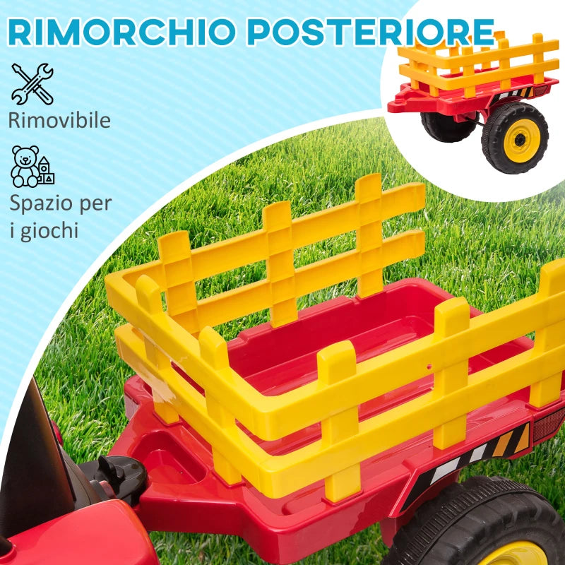 HOMCOM Trattore Elettrico per Bambini 3-6 Anni con Rimorchio Rimovibile, Batteria 12V e Telecomando, Rosso