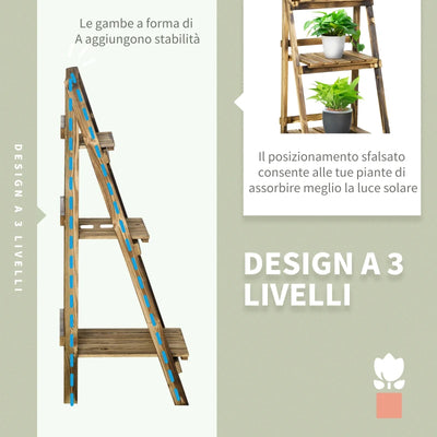 Outsunny Portapiante Pieghevole Portavasi in Legno di Abete con 3 Livelli Scaffale da Esterno per Piante Portafiori 40x37x93cm