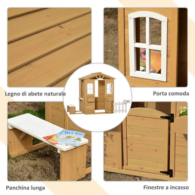 Outsunny Casetta per Bambini in Legno con Finestre, Staccionata e Panca, 205x119x140 cm, Legno Naturale