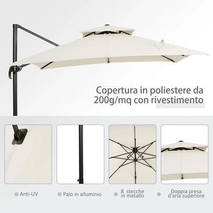 Outsunny Ombrellone a Sbalzo a Doppia Copertura con Manovella, Base a Croce e Pesi, 268x268x265 cm, Beige